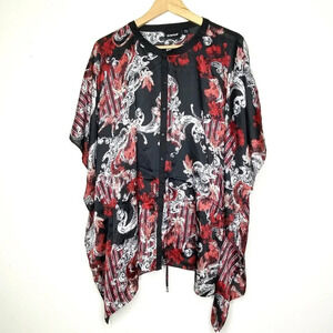 NWT Avenue Red White Blouse 14/16 Short Sleeve Button Down Asian Kimono Style